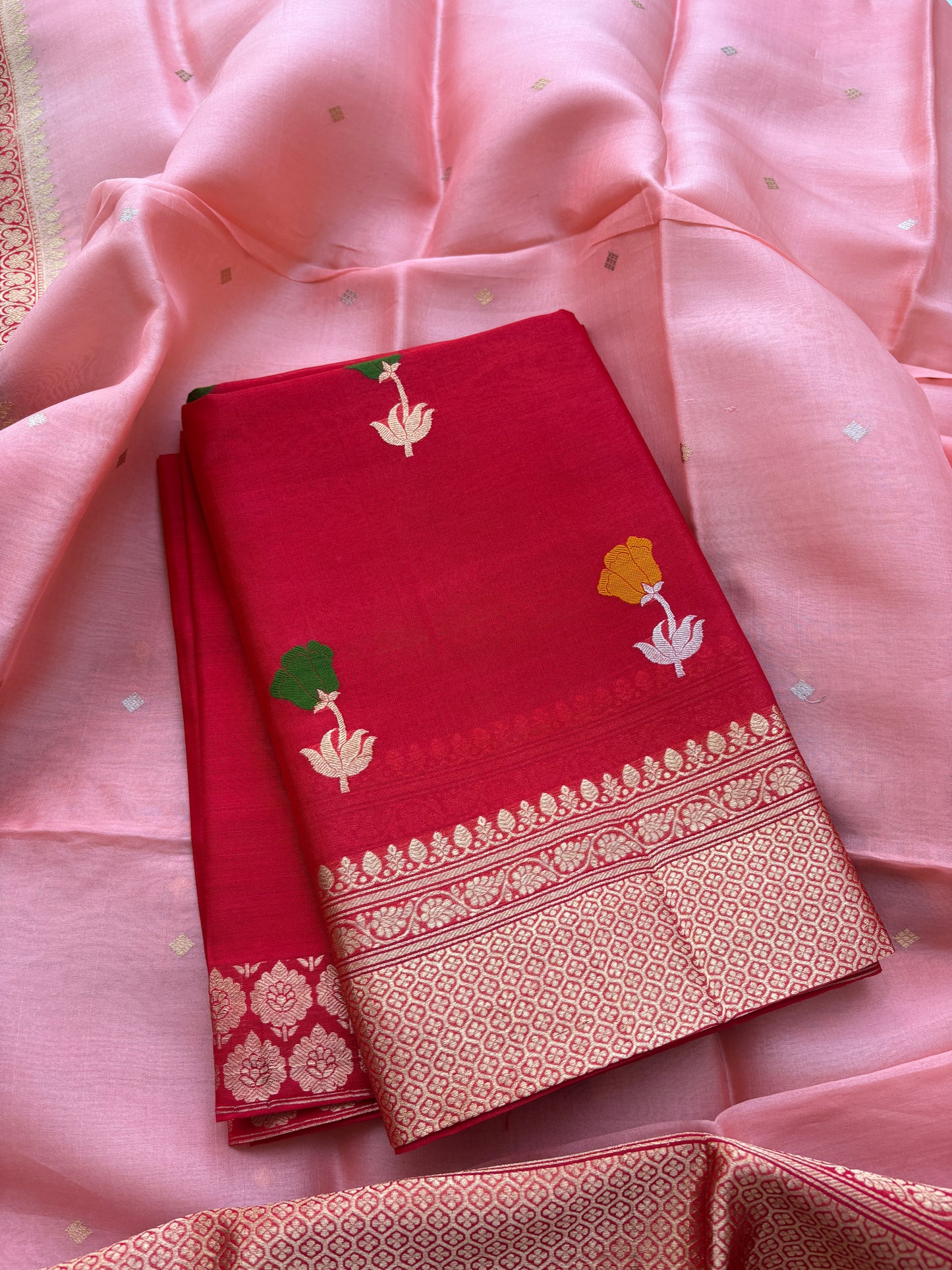 Red kora silk suit set with shaded pink dupatta