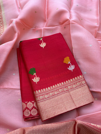 Red kora silk suit set with shaded pink dupatta