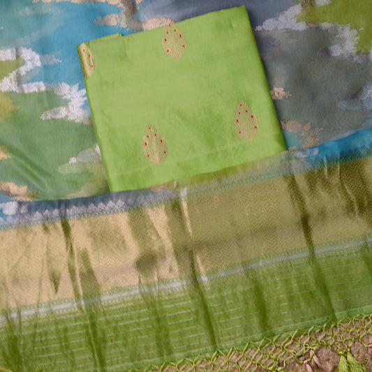 Green Chiniya Kora suit with rangkat dupatta
