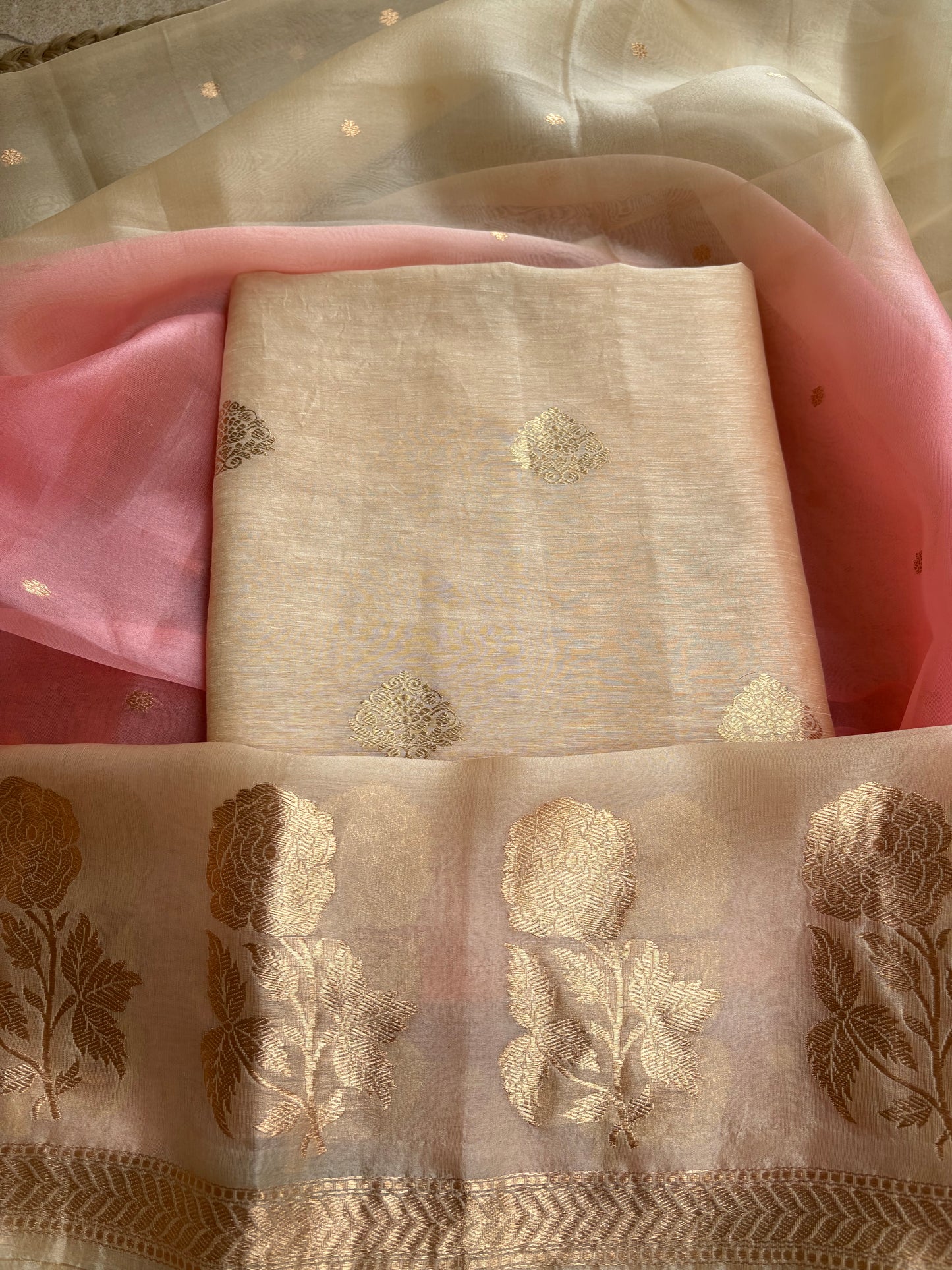 Beige linen silk kurta with kora silk dupatta