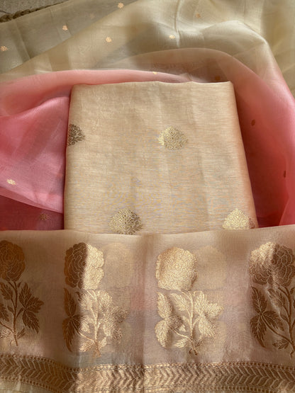 Beige linen silk kurta with kora silk dupatta