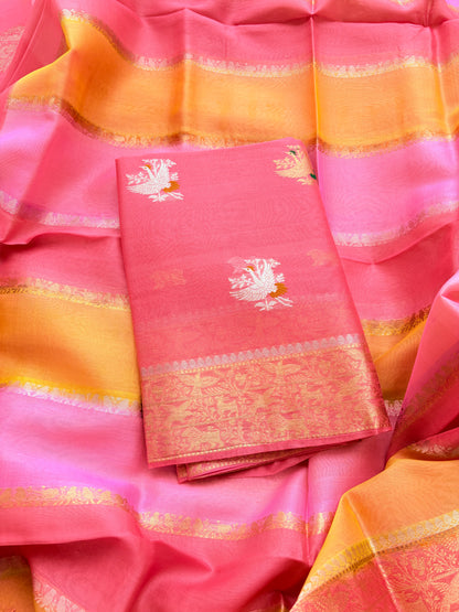 Peach pink Kora silk suit with Kora silk shaded dupatta