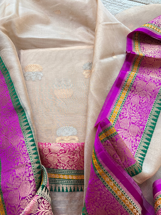 Beige tissue kadhwa suit set with kadhwa tissue dupatta