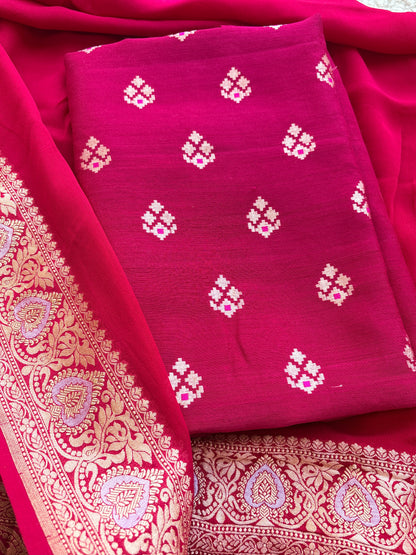 Pink moonga silk suit with Khaddi georgette kadhwa dupatta