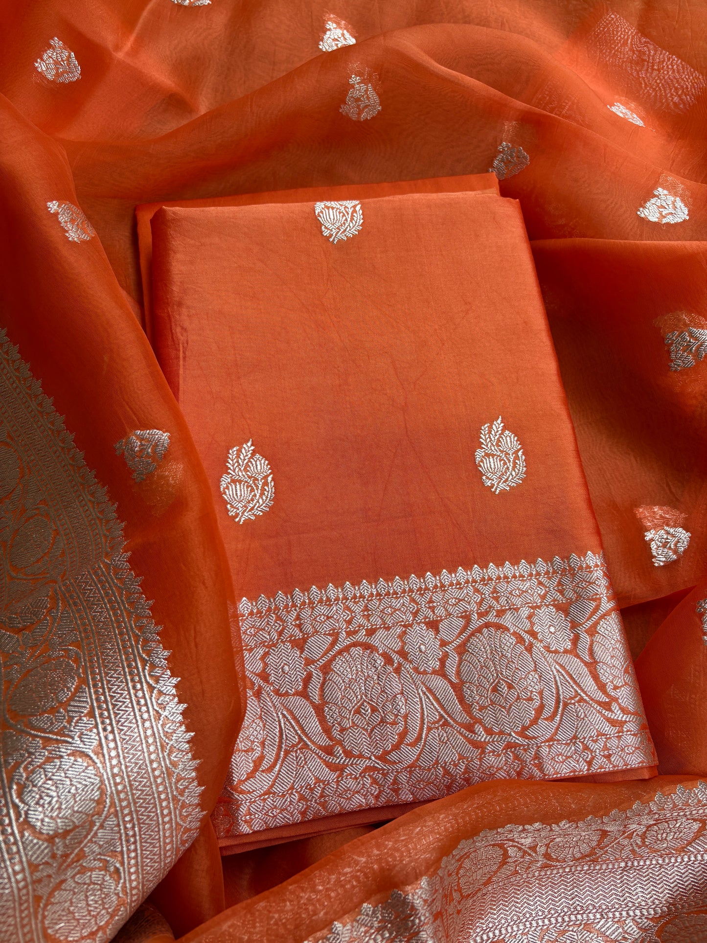 Orange Chiniya kora silver zari suit set
