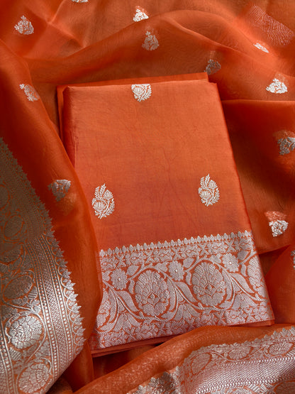 Orange Chiniya kora silver zari suit set