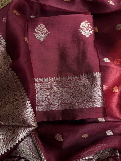 Maroon chiniya silver zari kadhwa kurta, kora silver zari dupatta, plain bottom