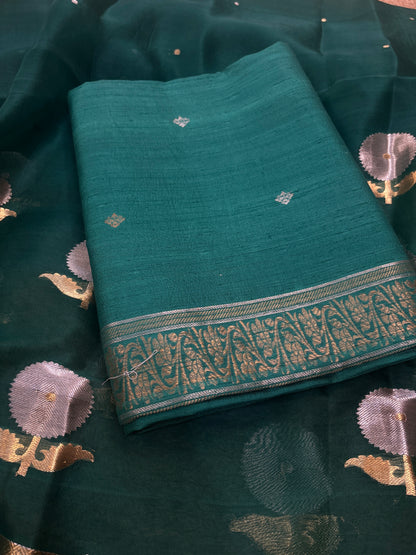 Green raw silk suit with kora silk suit set