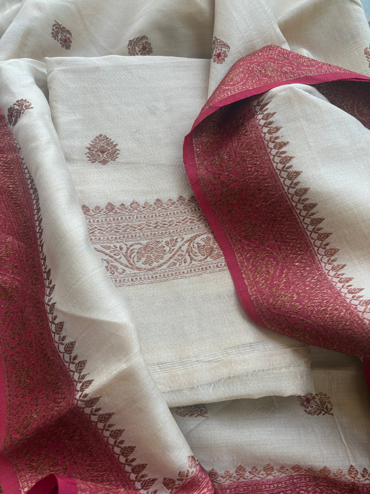 Cream tussar suit with red shaded dupatta