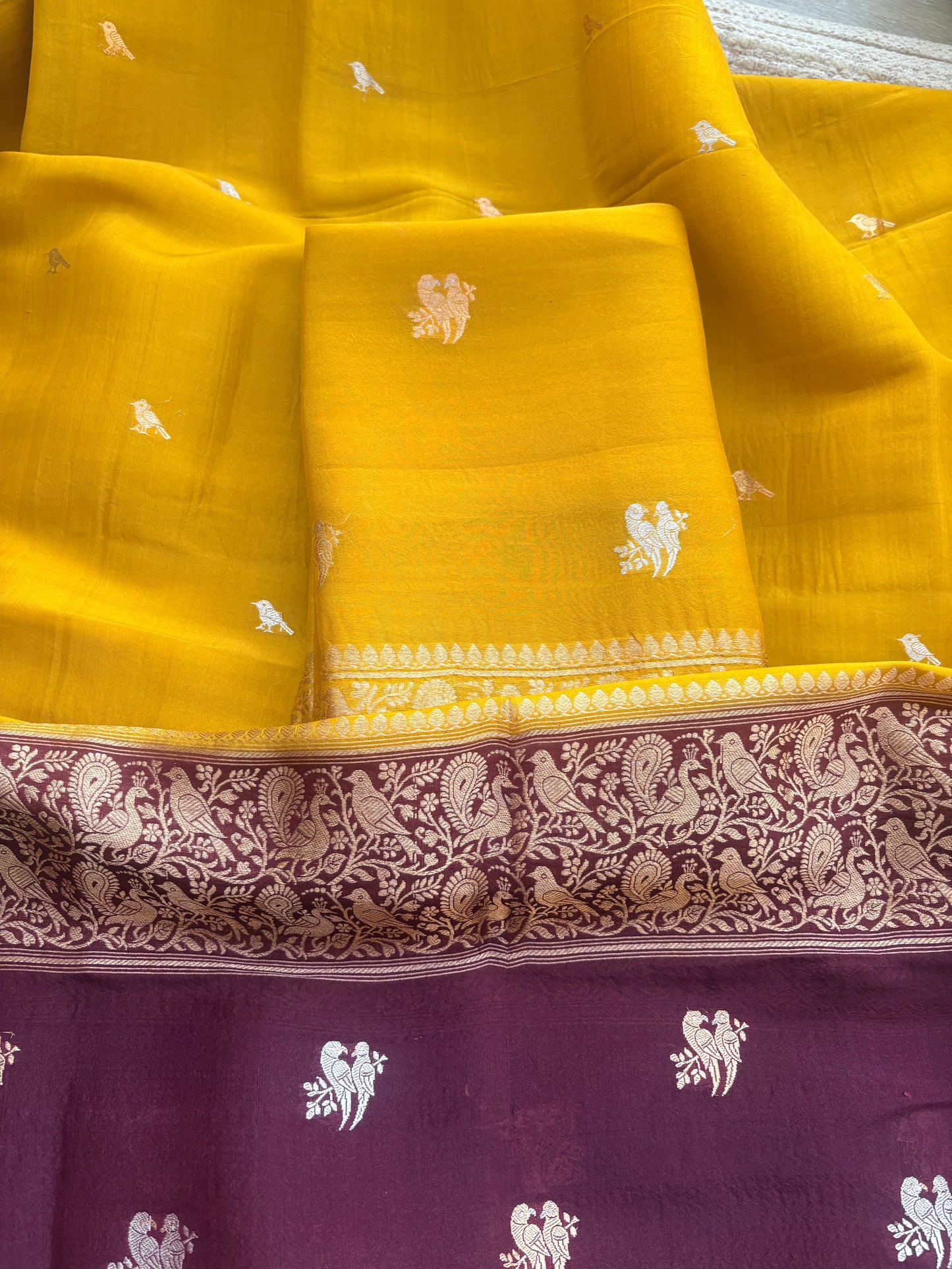Mustard Kora silk suit set with shaded dupatta