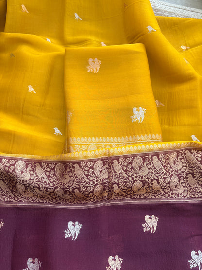 Mustard Kora silk suit set with shaded dupatta