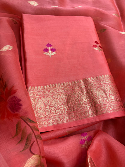 Peach Chiniya kora silk suit ( hand brushed border)