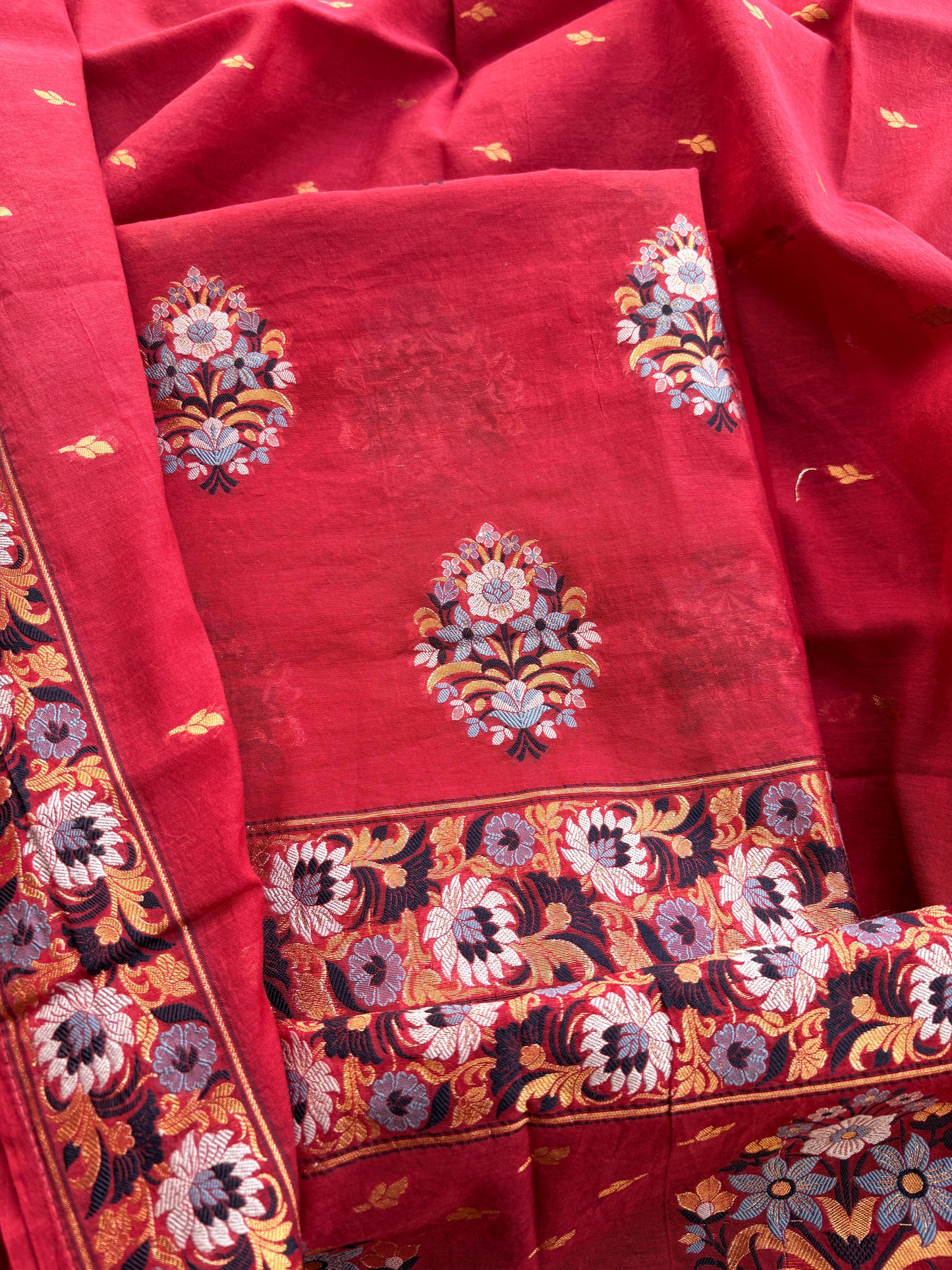 Red meenadar weaving Chanderi suit set