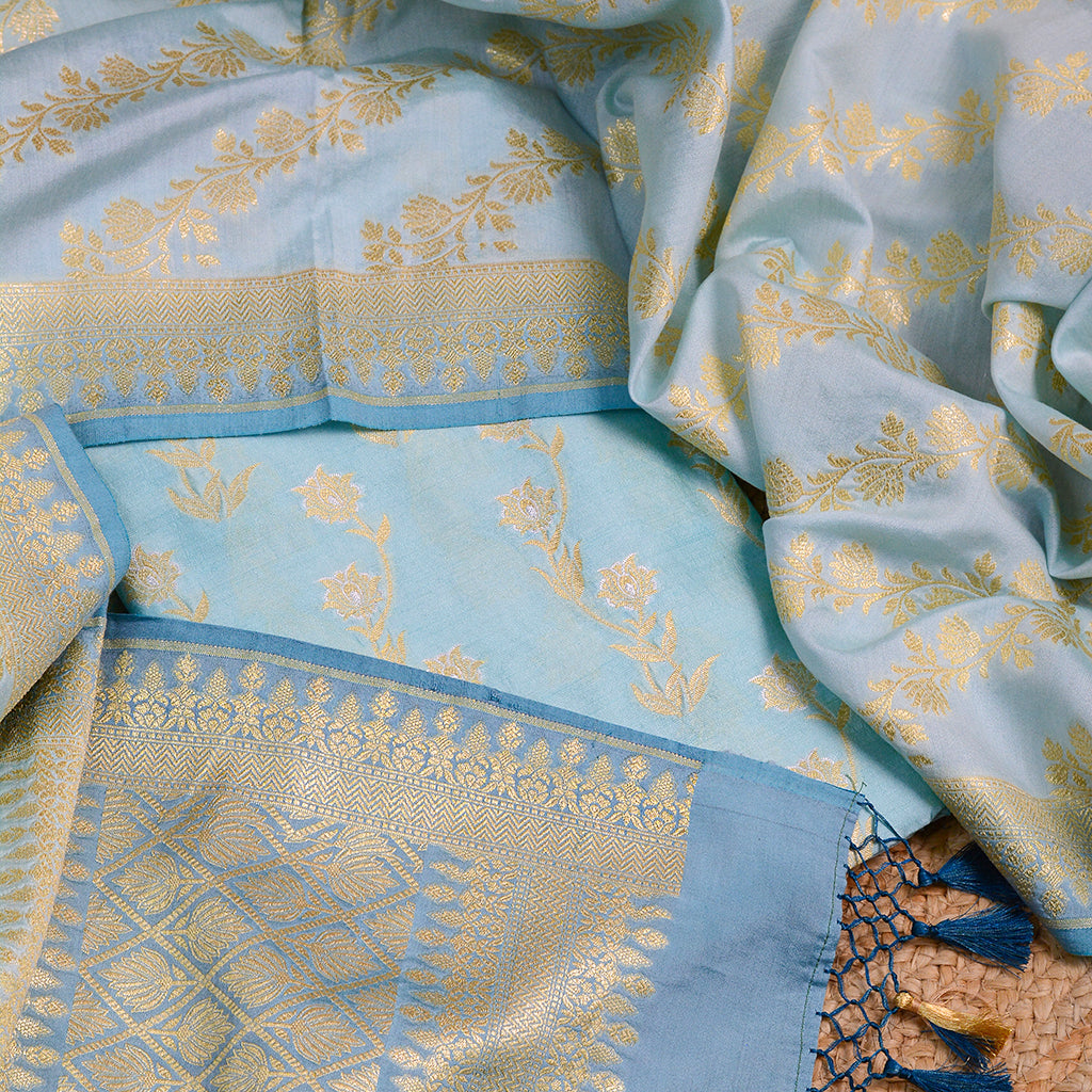 Blue Chiniya silk with chaap dyed dupatta