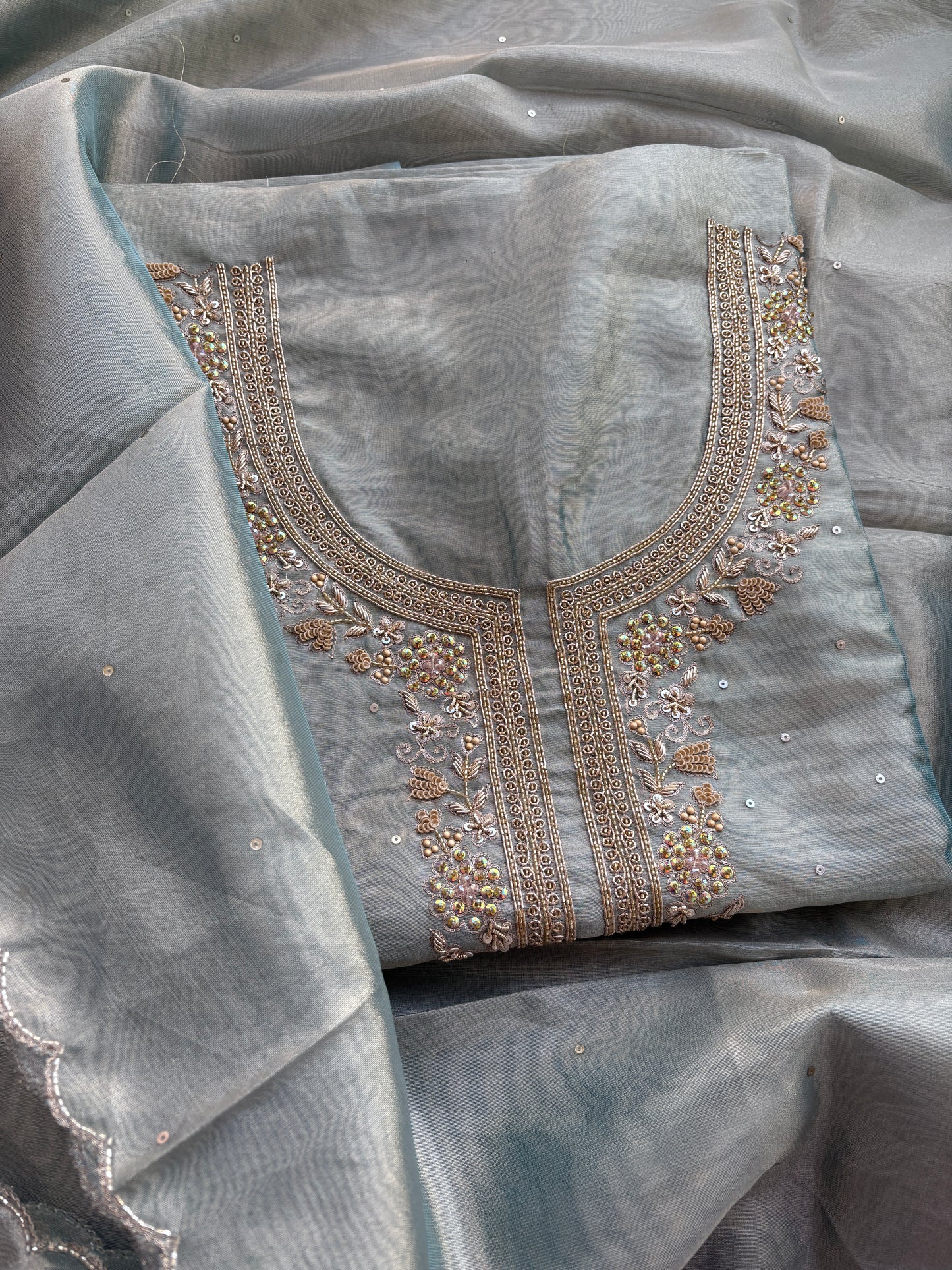Blue tissue hand embroidered suit set