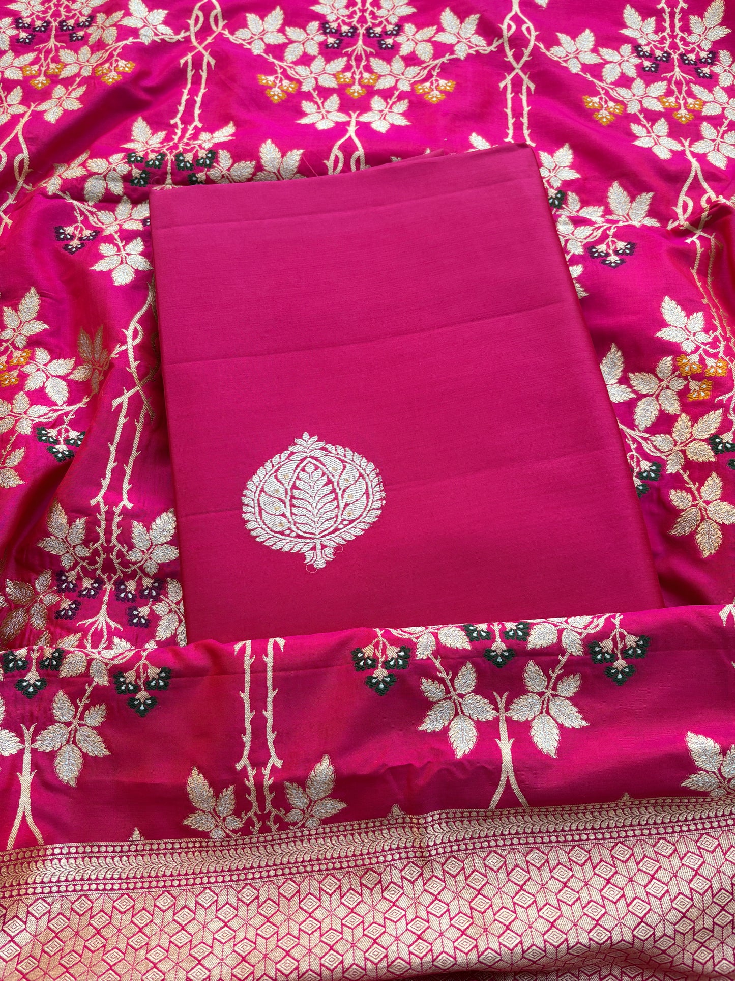Pink katan silk suit with jaal dupatta suit set