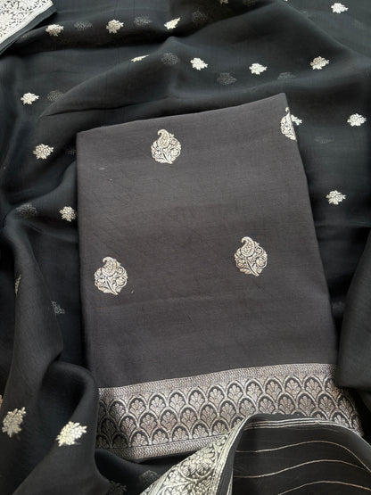 Black Chiniya silk pure silver zari suit set