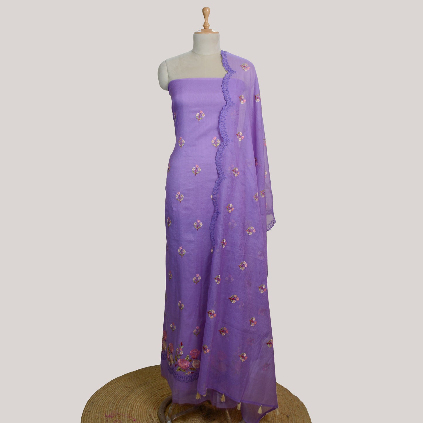 Lavender Chanderi silk embroidered suit set