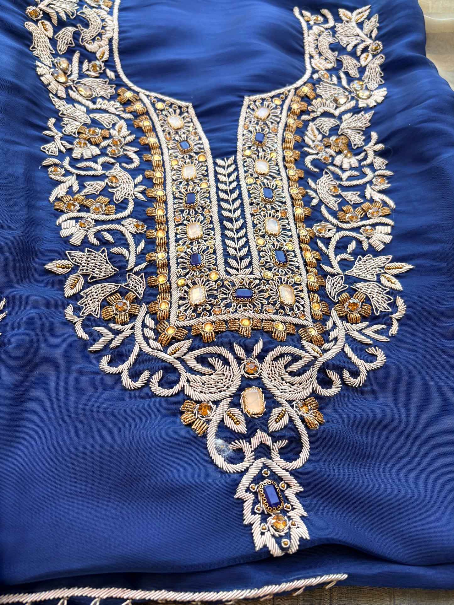 Blue tissue handwork suit with tissue dupatta