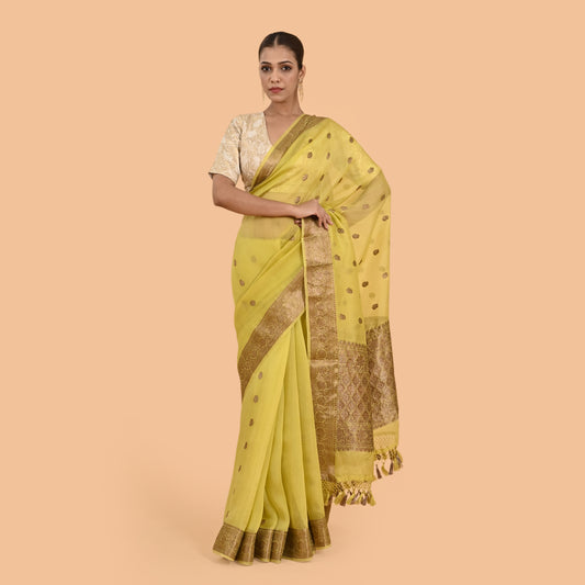 Yellow kora silk rust zari saree