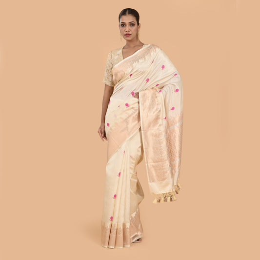 White meenadar flower booti pure mango silk saree
