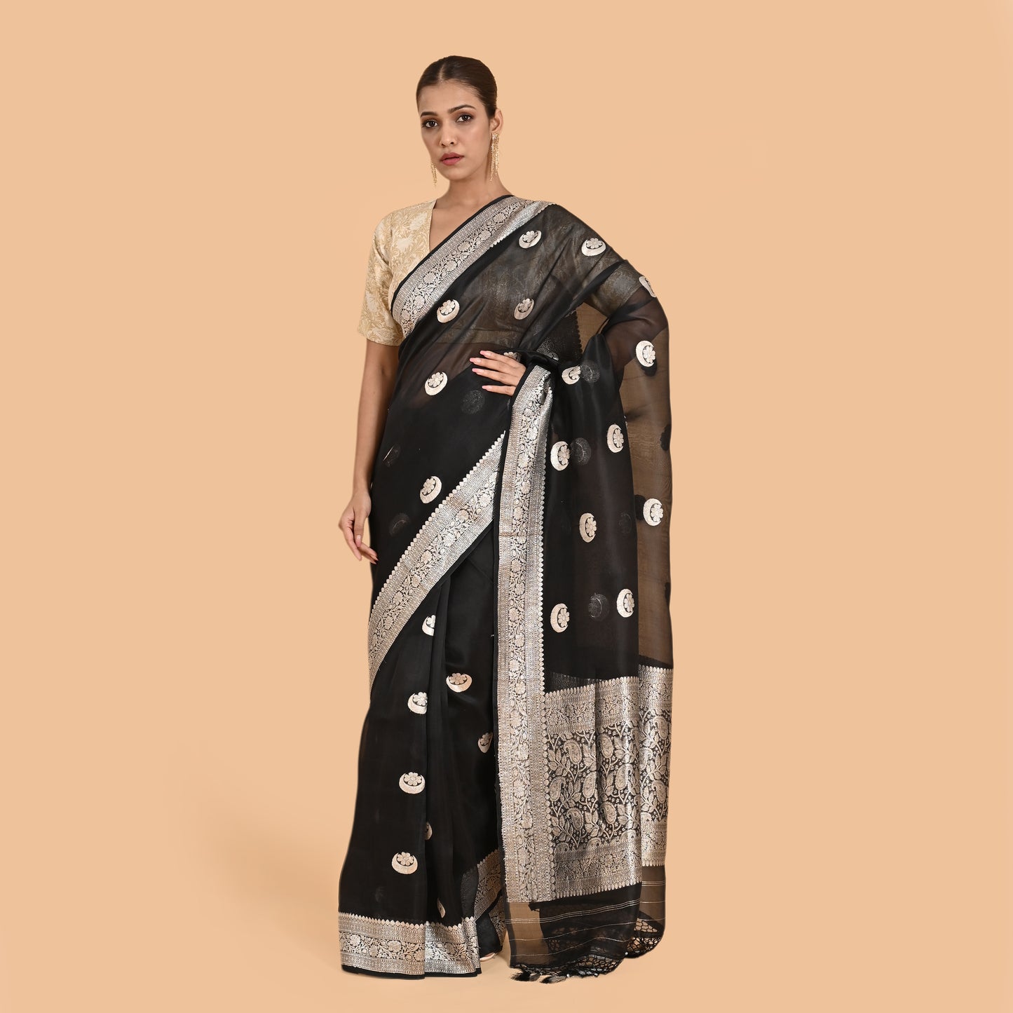 Black Kora silk kadhwa silver zari saree