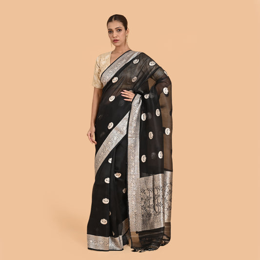 Black Kora silk kadhwa silver zari saree
