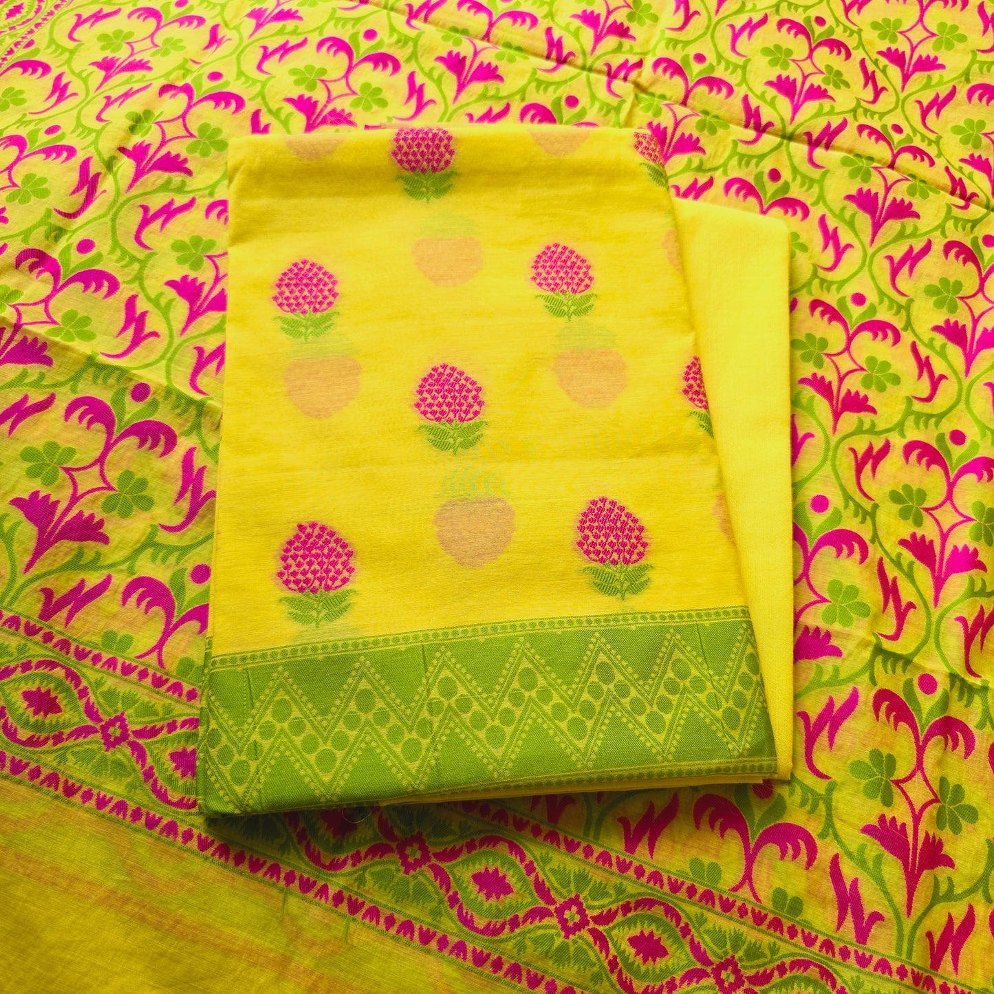 YellowChanderi Cotton pink booty kurta, Full Jaal Weaving Dupatta