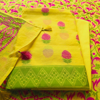 YellowChanderi Cotton pink booty kurta, Full Jaal Weaving Dupatta