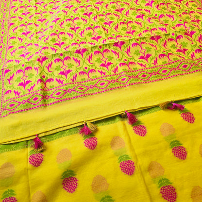 YellowChanderi Cotton pink booty kurta, Full Jaal Weaving Dupatta