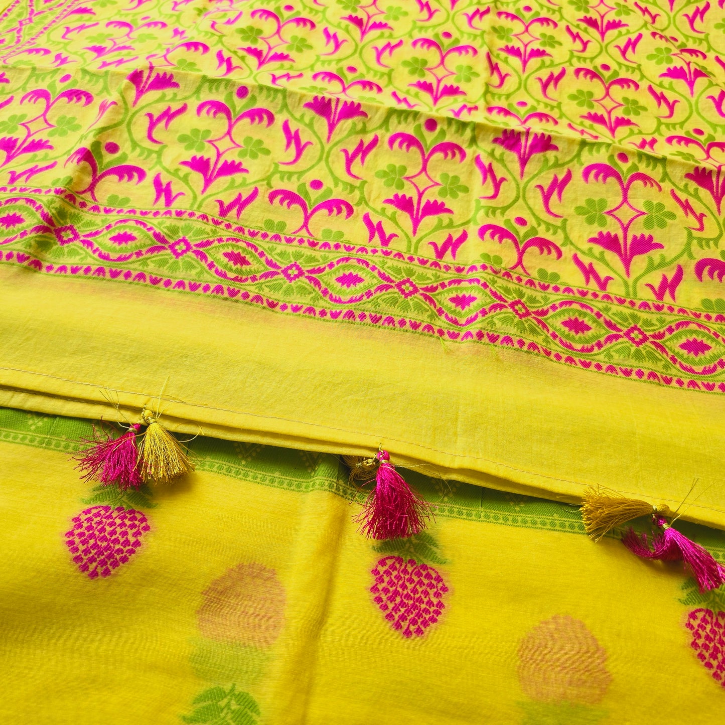 YellowChanderi Cotton pink booty kurta, Full Jaal Weaving Dupatta