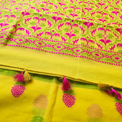 YellowChanderi Cotton pink booty kurta, Full Jaal Weaving Dupatta