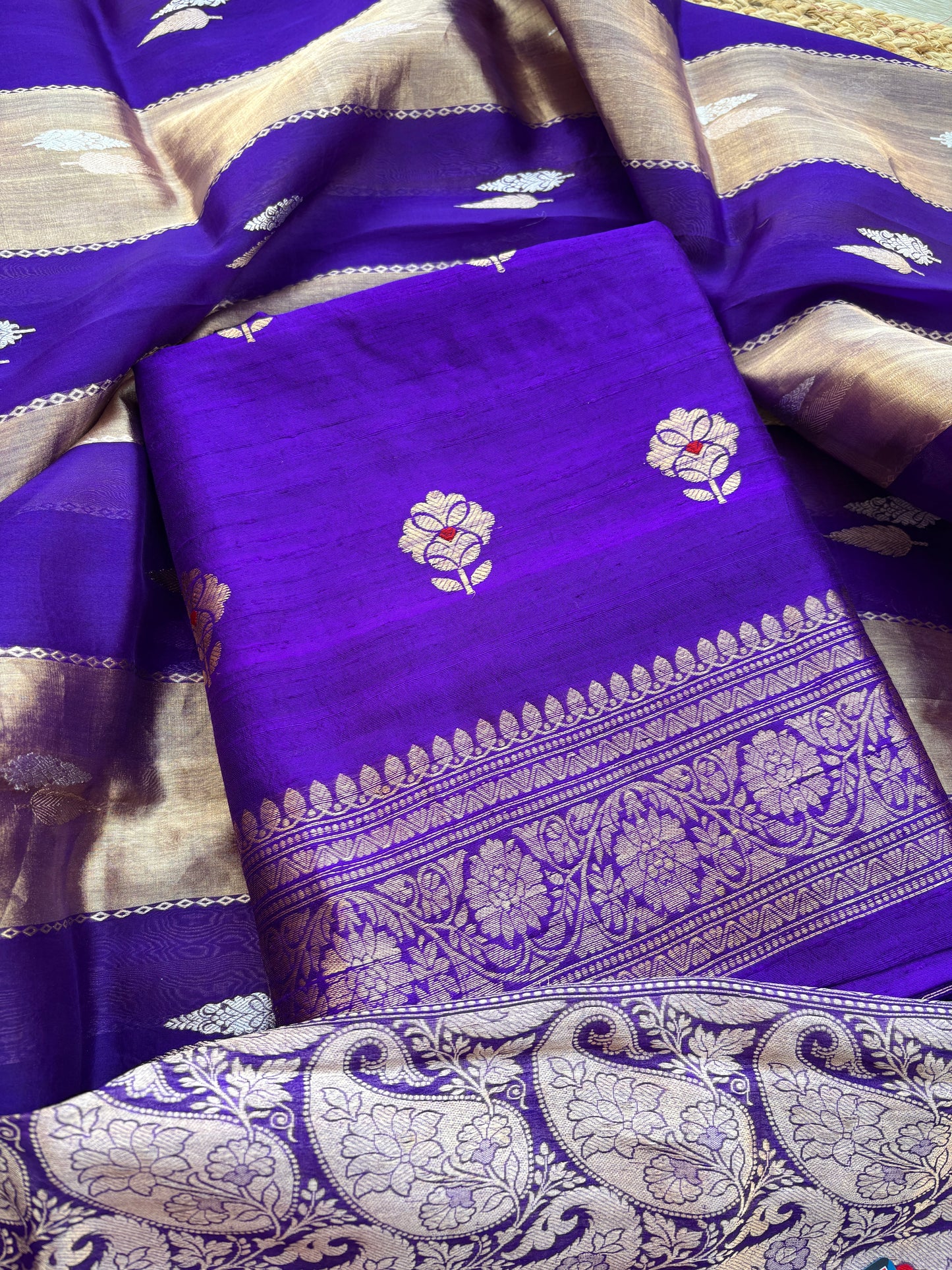 Purple raw silk kurta, bottom and kora tissue dupatta