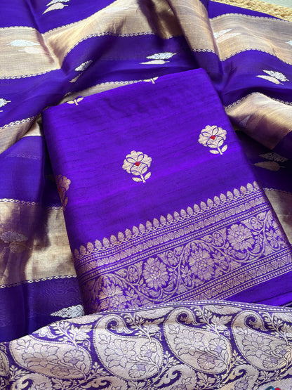 Purple raw silk kurta, bottom and kora tissue dupatta