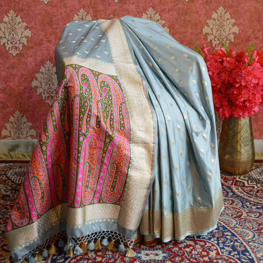 Grey - Blue Mashru Silk Saree