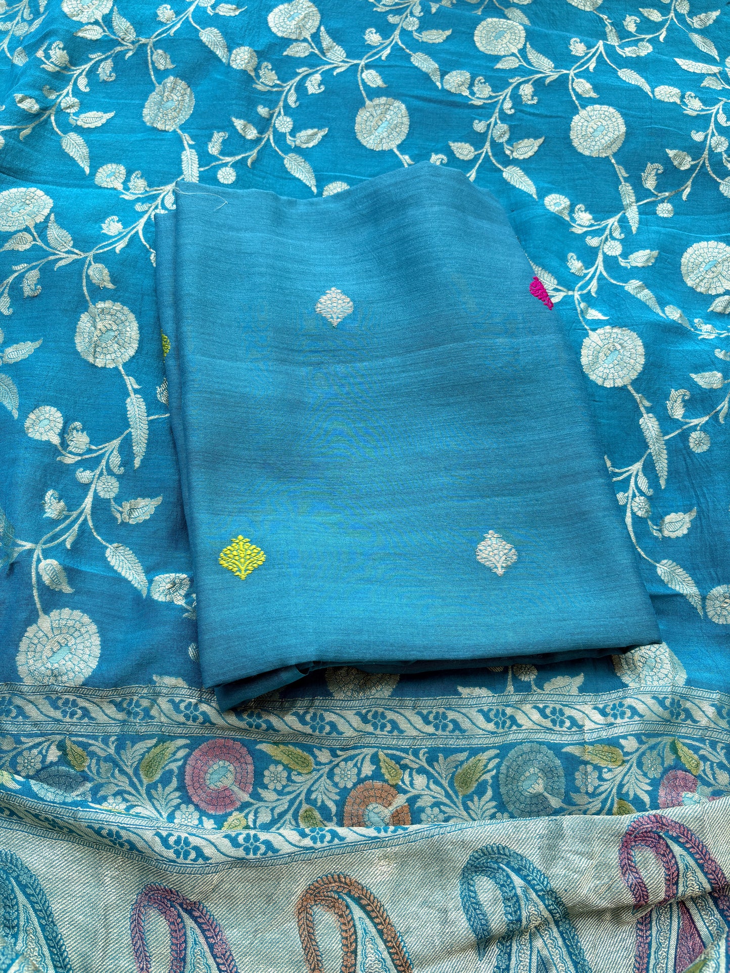 Firozi moonga silk suit set with jaal dupatta