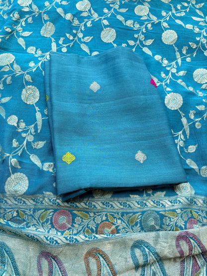 Firozi moonga silk suit set with jaal dupatta