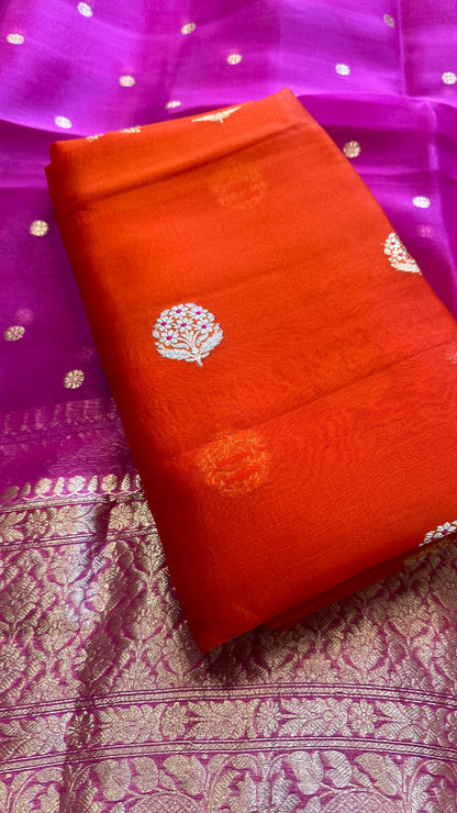 Orange kora silk kurta, magenta kora dupatta, plain bottom