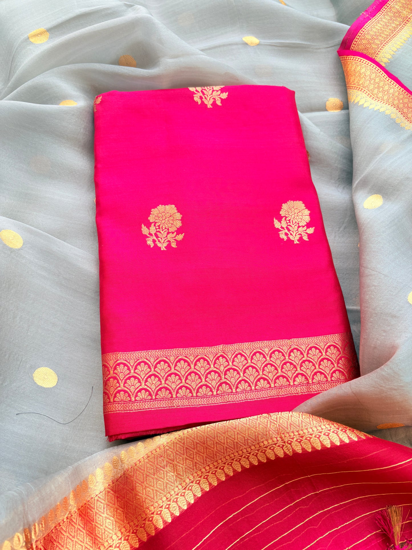 Pink chiniya silk kurta , bottom and kora silk dupatta