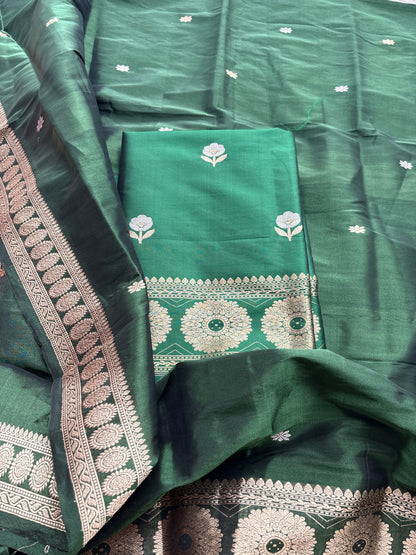 Green katan silk kurta , bottom and tissue kadhwa dupatta