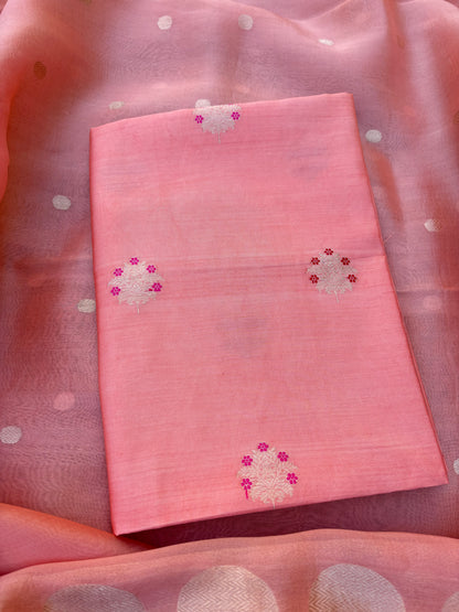 Peach meenadar kurta, plain bottom, kora silk dupatta
