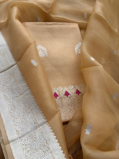 Beige Chiniya silk suit set with kora silk silver zari dupatta