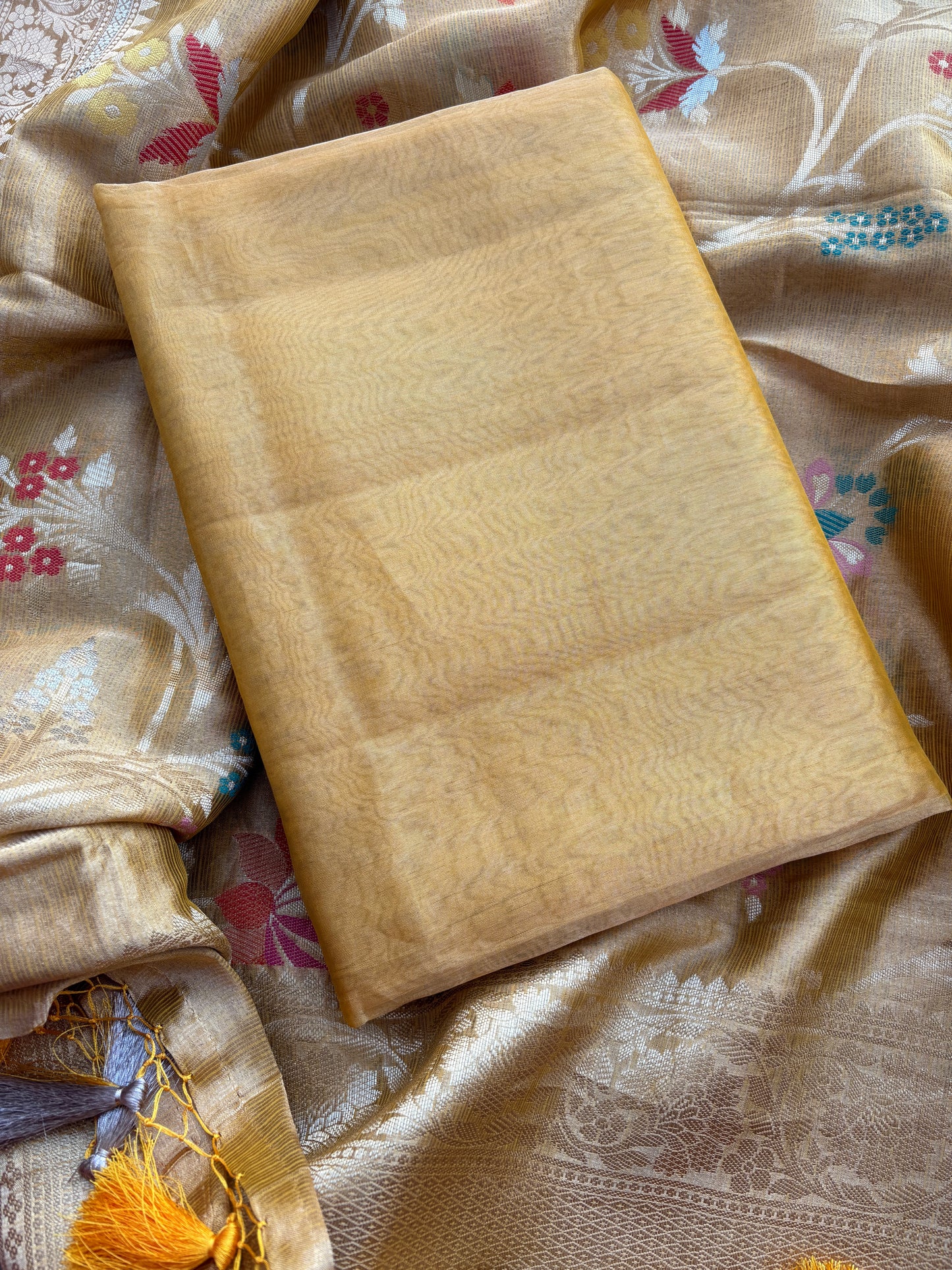Yellow tissue suit with Kota tissue tilfi dupatta