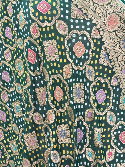 Green bandhani dupatta with meenakari work