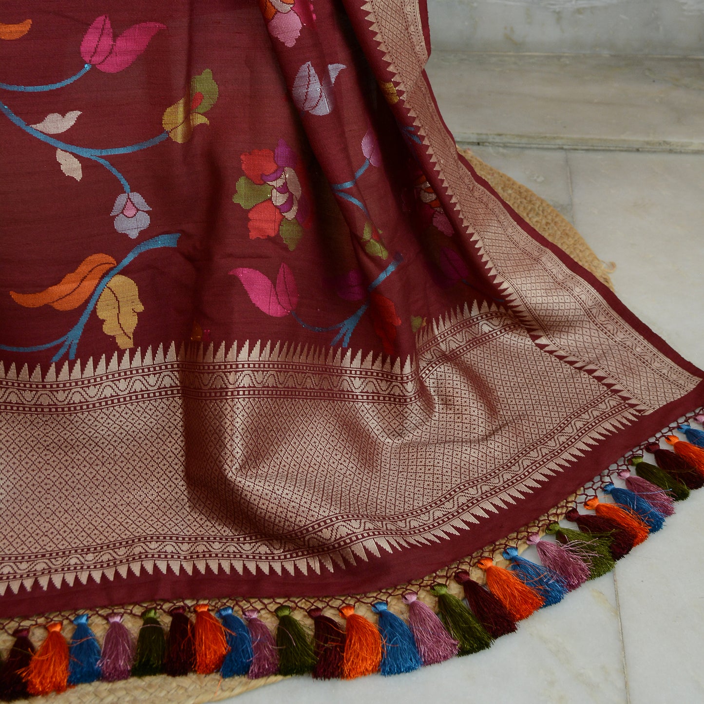 Wine tussar silk kadhwa dupatta