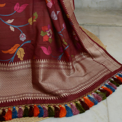 Wine tussar silk kadhwa dupatta