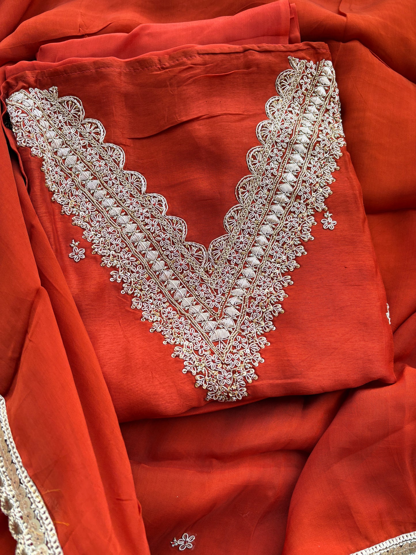 Rust crepe hand embroidery suit set