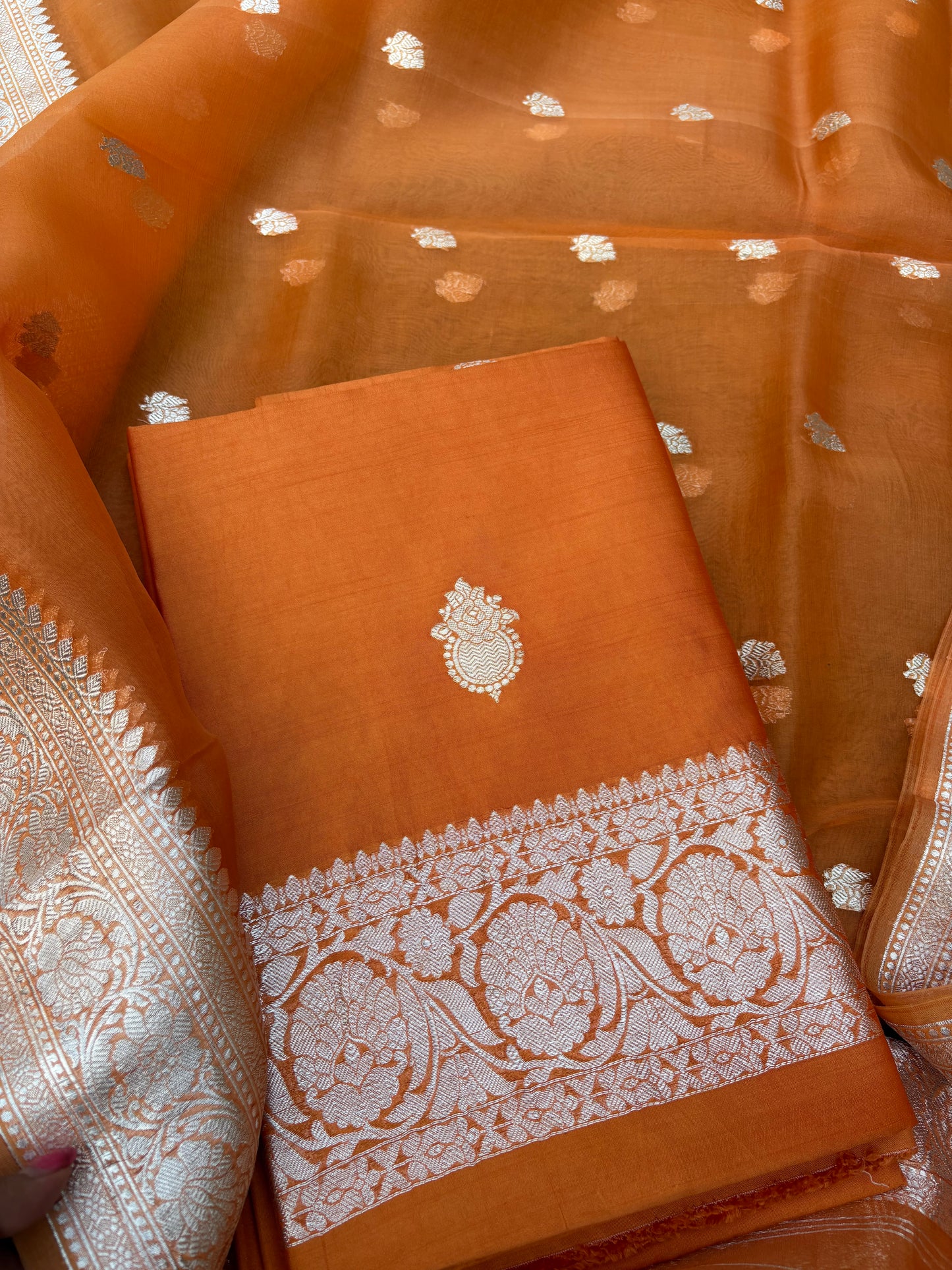 Orange Chiniya silver zari suit set