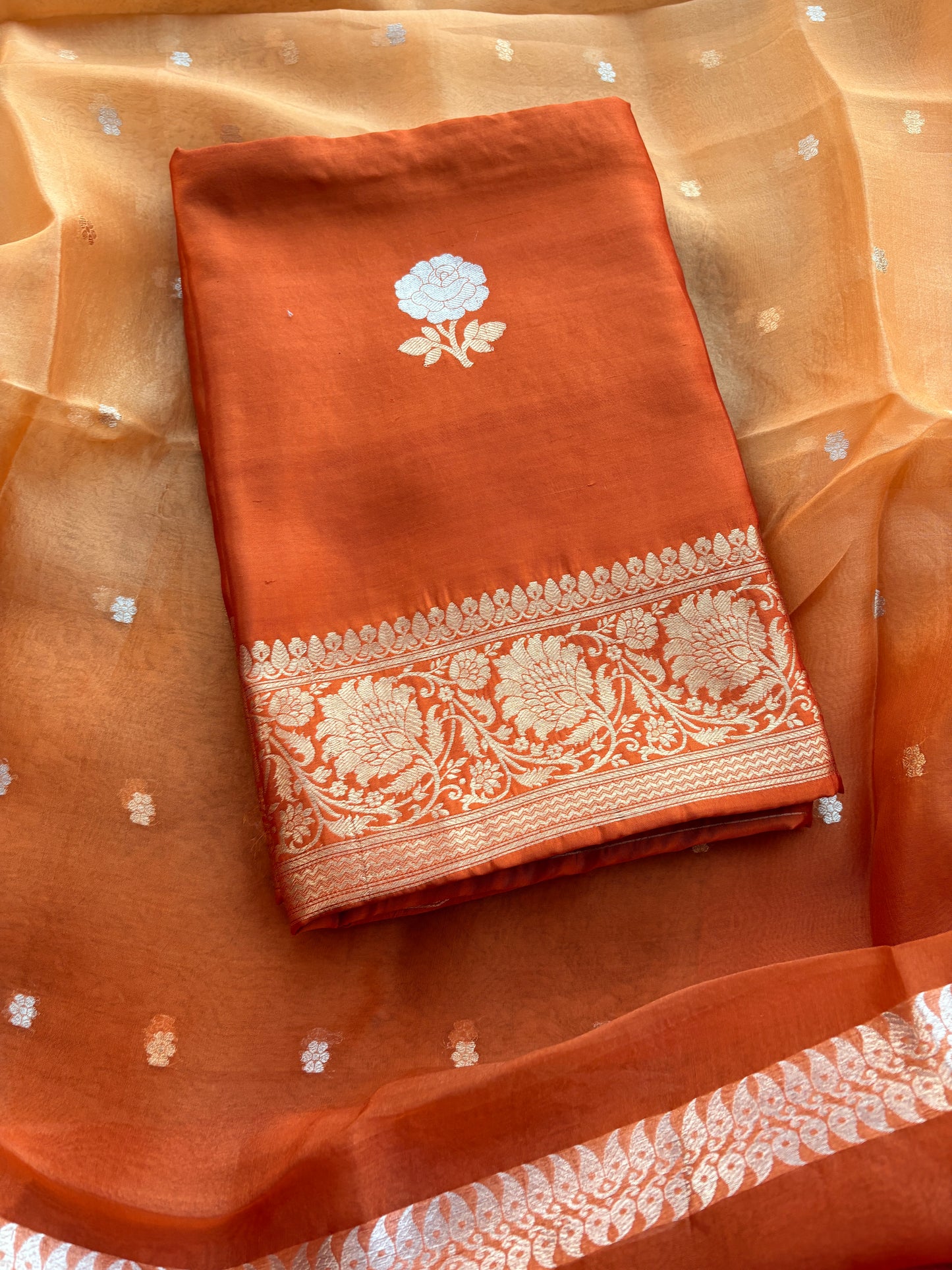Orange Chiniya silk kurta , bottom and shaded dupatta