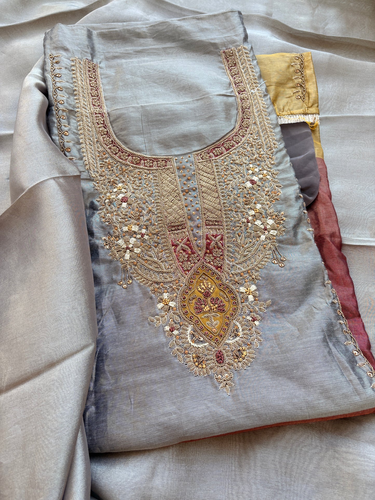 Grey 3 colored tissue hand embroidered suit set